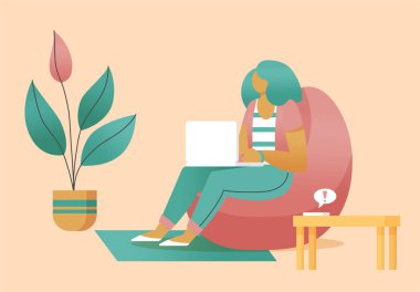 Ev ofisinde çalışan serbest çalışan kadın, düz stil yüzsüz çizgi film karakteri. Yaşam tarzı, kendini izole etme, salgın hastalık konsepti. Asgari vektör illüstrasyonu.