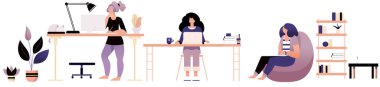 İş yerinde çalışan Freelancer. Yüzü olmayan düz stil çizgi film karakteri. Yaşam tarzı, yaratıcılık kavramı. Asgari vektör illüstrasyonu.