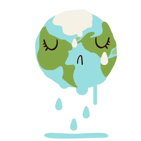 Sad Cute Planet Earth Melting Crying Global Warming Climate Change — Stock Vector