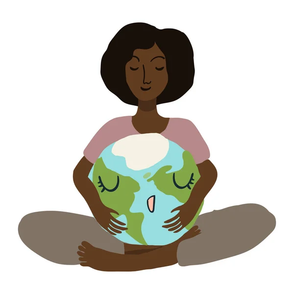 Happy Cute Planet Earth Being Hug Woman Global Warming Climate — Stock Vector