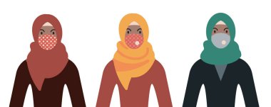 Yüz maskesi takan tesettürlü kadın. Farklı renk varyasyonları ayarlandı. Düz tasarım vektör çizimi.