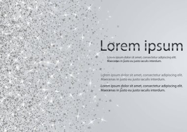Konfetinin düşen parıltısı. Gri arka planda vektör gümüş toz patlaması. Parlak, şenlikli çerçevenin pırıl pırıl sınırı. Düğün davetiyeleri, parti posterleri, Noel ve tebrik kartları için uygundur. Vektörler.Eps 10.