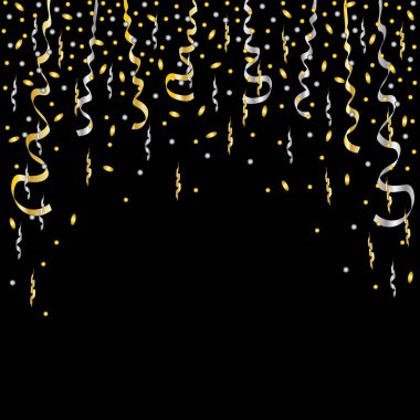 Siyah arkaplanda kurdeleleri olan altın ve gümüş konfeti vektör grafikleri. Altın doku, birçok uygulama için dekoratif arkaplan.
