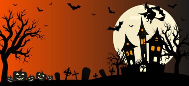 Cadılar Bayramı gece vektör ilüstrasyonu. Cadılar Bayramı için arka plan. Uçan yarasalar, eski karanlık ev, ay ve mezarlık. Pankart, tebrik kartı, davetiye, poster veya web sitesi için grafik öğe..