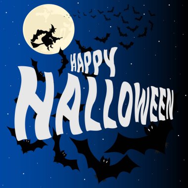 Cadılar Bayramı gece vektör ilüstrasyonu. Mutlu Cadılar Bayramı harfleriyle geçmiş. Gece, ay ve yarasalar. Pankart, tebrik kartı, davetiye, poster ya da web sitesi için grafiksel unsur..