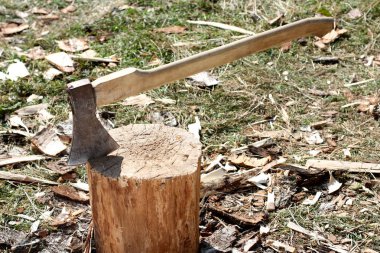 Eski paslı balta günlüğüne yakacak odun yarma sırasında sopa