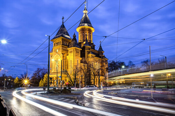 The Romanian Orthodox Metropolitan Cathedral of Timisoara seen at the blue hour from the streets. Timis County, Romania.