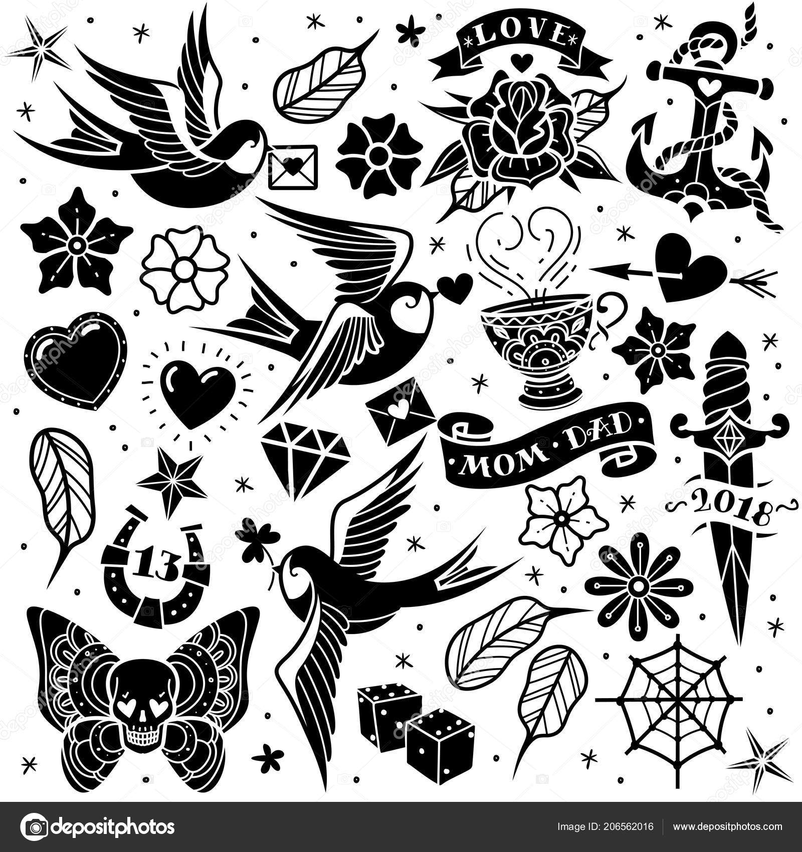Black White Old School Tattoo Set White Background Vector Illustration Stock Vector Image by ©Helen_Adamova #206562016 Black White Old School Tattoo Set White Background Vector Illustration Stock Vector Image by ©Helen_Adamova #206562016