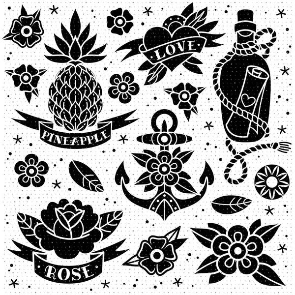 Black White Old School Tattoo Set Texture White Background Vector — Stock Vector