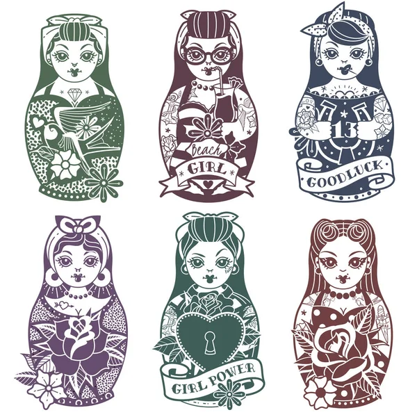Tatuaje Vieja Escuela Pin Russian Dolls Monocromo Conjunto Ilustración Vectorial — Archivo Imágenes Vectoriales