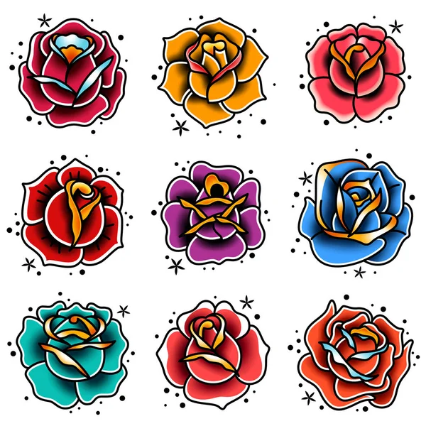 Conjunto Cuatro Rosas Tatuaje Vieja Escuela Sobre Fondo Blanco — Vector de stock