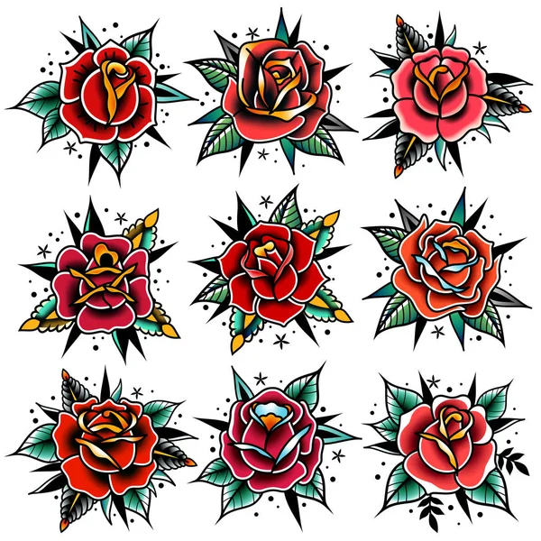 Набор Четырех Старых Татуировки Красные Розы Листьями Белом Фоне — стоковый вектор