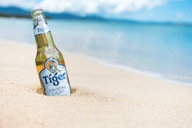 Bir şişe Tiger Crystal Light Birası kısmen tropik bir plajın yakınındaki kuma gömülebilir..