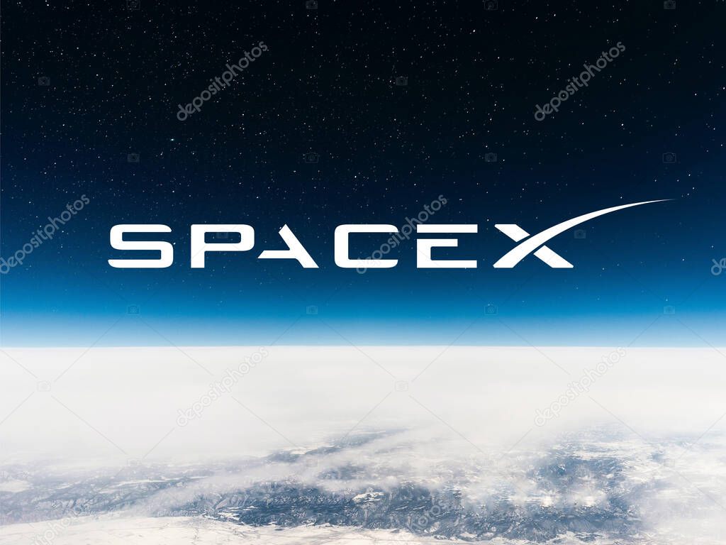 Logo of SpaceX with outerspace background, above Earth's atmosphere.