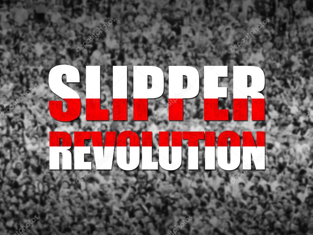 Slipper Revolution Sign. Off-focus crowd background. Represents current political turmoil and unrest in Belarus in 2020. 2020 Belarusian protests