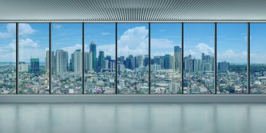 Metro Manila 'nın manzarası ofis gökdeleninin içinden. Modern bir panoramik pencere. İç konsept. Mimari arka plan.
