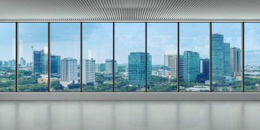 İçi boş bir ofis binası. Modern bir panoramik pencere ve Alabang ufuk çizgisi manzarası. İç konsept. Mimari arka plan.