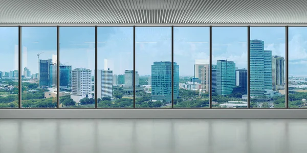 Ein Kahles Bürogebäude Inneren Ein Modernes Panoramafenster Und Blick Auf — Stockfoto