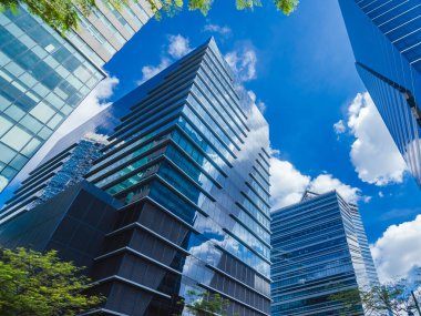 Filipinler 'de Bonifacio Global City, 5. Cadde boyunca camsı yükseklikler. Modern bir merkez ticaret bölgesi..