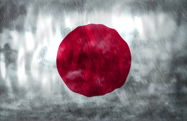 Composite of Flag of Japan and rain clouds. Symbolizing heavy rains, storms, typhoons and other bad weather in the country. 3d illustration