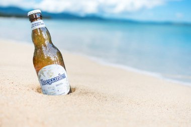 Bir şişe Hoegaarden Birası kısmen kumsalda gömülü..