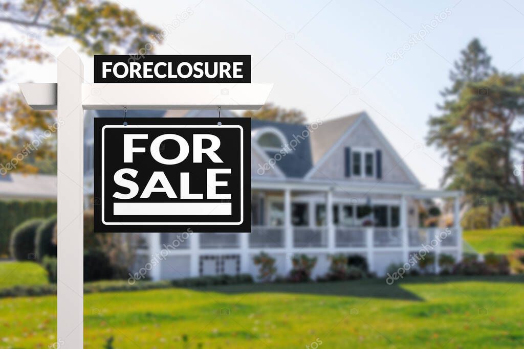 Black Foreclosure Home For Sale Real Estate Sign in front of an American style house.