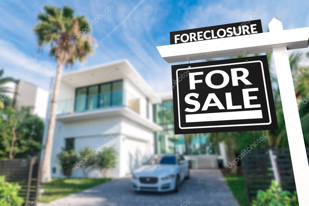 Black Foreclosure Home For Sale Real Estate Sign in front of a contemporary minimalist house in a tropical setting.