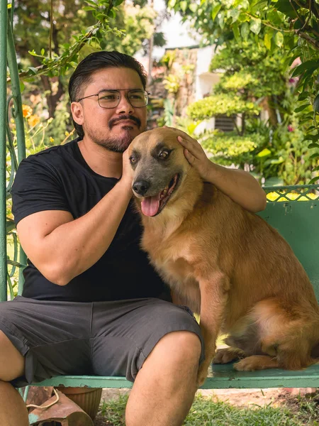 Hombre Cubre Las Orejas Perro Mascota Mientras Ambos Están Sentados — Foto de Stock