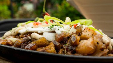 Popüler bir Filipin Tabağı olan Pork Sisig 'in yan görüntüsü.
