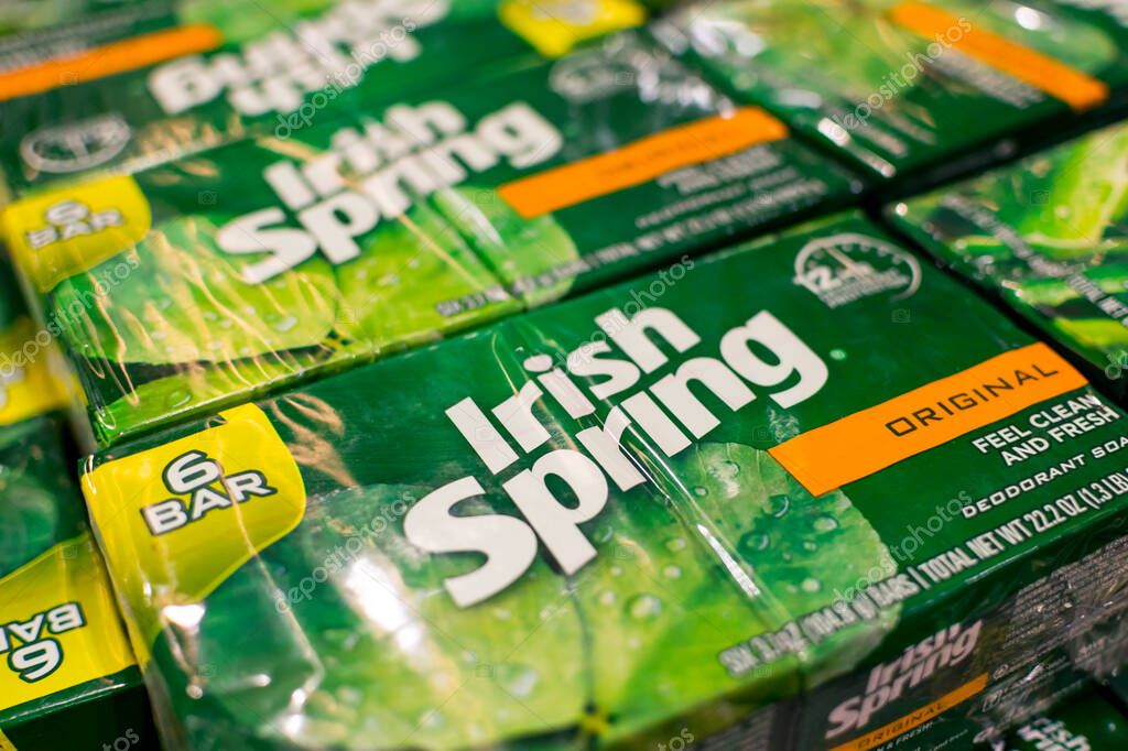 Manila, Philippines - Sept 2020: A stack of Irish Spring soap on display at a hypermarket.