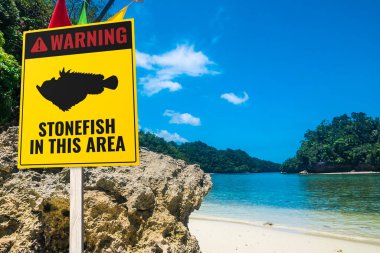 A stonefish warning sign at a rocky beach. A stern warning for barefoot bathers. Tropical beach setting. clipart