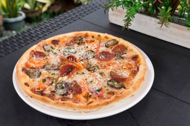 Macar sosisi, Pepperoni, patlıcan, soğan ve havuçlu ev yapımı pizza..