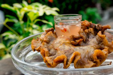 Chicharon Bulaklak, baharatlı sirkeyle servis edilen egzotik bir Filipin aperatifi. Bahçe ayarları.