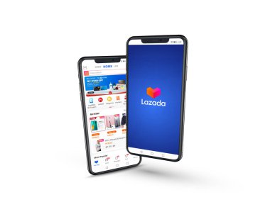 Filipinler - Ekim 2020: Lazada, Alibaba 'ya ait bir e-ticaret uygulaması, sağda giriş ekranı, solda ana sayfası.