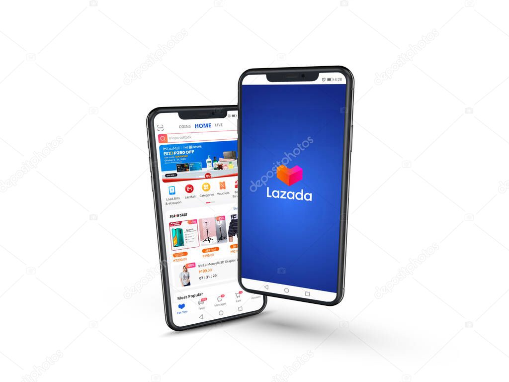Philippines - Oct 2020: Lazada, an e-commerce app owned by Alibaba, with the intro screen in the right, and the homepage on the left.