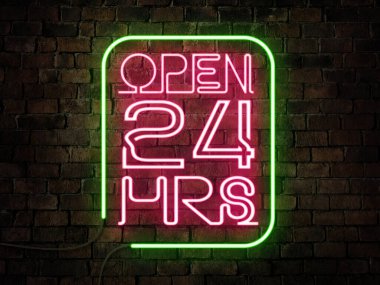 Bir barın veya barın önünde 24 saat açık neon ışığı. Eski püskü tuğla arka plan, kırsal görünüş. Pembe ve yeşil renkler. Gece hayatı konsepti.