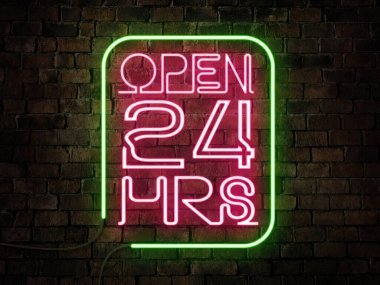 A neon Open 24 hour signage in front of a bar or pub. Old weathered brick background, rustic look. Pink and green colors. Nightlife concept. clipart