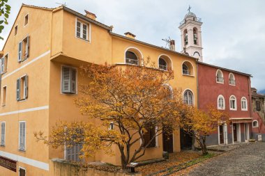 Corte, Corsica / Fransa - 10 Kasım 2018: renkli bir tarihi şehir merkezinde binanın yanındaki sonbahar yaprakları olan bir ağaç