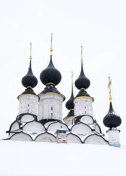 View of the black domes of the white church in winter — Stock Photo, Image