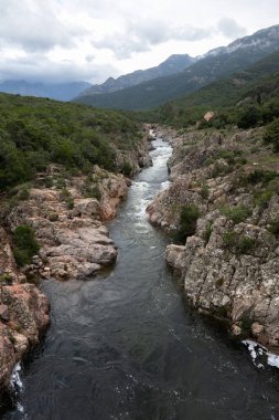 Korsika, Fransa'da Du Fango nehri üzerindeki köprüden güzel manzara