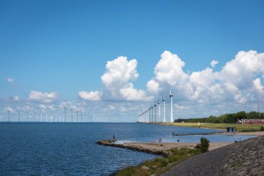 URK, FLEVOLAND / NETHERLANDS - 11 Temmuz 2020: Hollanda açıklarında güzel yaz havasında yel değirmenlerinin sıralarını görmek
