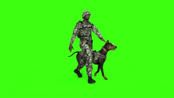 Soldier goes with military dog, animation, loop, green screen — Stock Video