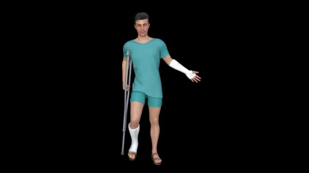 Muž s berle a nohu v sádře, která hovoří o něco — Stock video