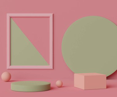 3D minimal geometrik formlar. Tasarımınız için pembe mercan lüks podyum. Moda gösterisi sahnesi, kaidesi, renkli temalı dükkan önü. Ürün gösterimi için soyut sahne.