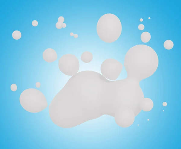 青の背景に単離されたミルクスプラッシュの3Dレンダリング 流体が落下し 泡を石鹸 空中に浮かぶ塊 ホログラフィック創造的なアイデアのコンセプト — ストック写真
