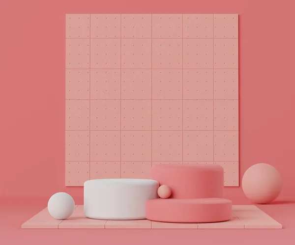 3D抽象简约几何形式 粉红珊瑚豪华台为您的设计展示 时装秀舞台 主题五彩缤纷 产品展示的空白场景 — 图库照片