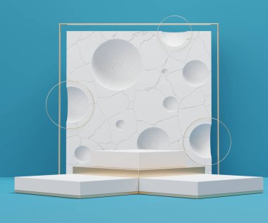 Üç boyutlu geometrik formlar. Kırık duvarlı beyaz kürsü. Moda gösterisi sahnesi, kaidesi, mavi temalı dükkan önü. Ürün sergisi için en küçük sahne. Kozmetik reklamcılık için soyut arkaplan.