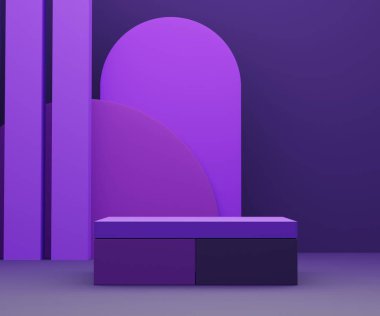Üç boyutlu geometrik formlar. Mor renkli podyum. Moda gösterisi sahnesi, kaidesi, renkli temalı dükkan önü. Ürün sergisi için en küçük sahne. Kozmetik reklamcılık için soyut arkaplan.