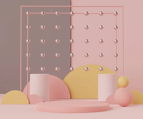 3次元幾何学的形態 珊瑚ピンク色の表彰台 ファッションショーステージ カラフルなテーマでお店の前 製品表示のための最小限のシーン 化粧品広告の要約背景 — ストック写真