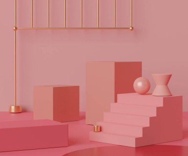 Üç boyutlu geometrik formlar. Mercan pembe renkli ve kemerli podyum. Moda gösterisi sahnesi, kaidesi, renkli temalı dükkan önü. Ürün sergisi için en küçük sahne. Kozmetik reklamcılık için soyut arkaplan.